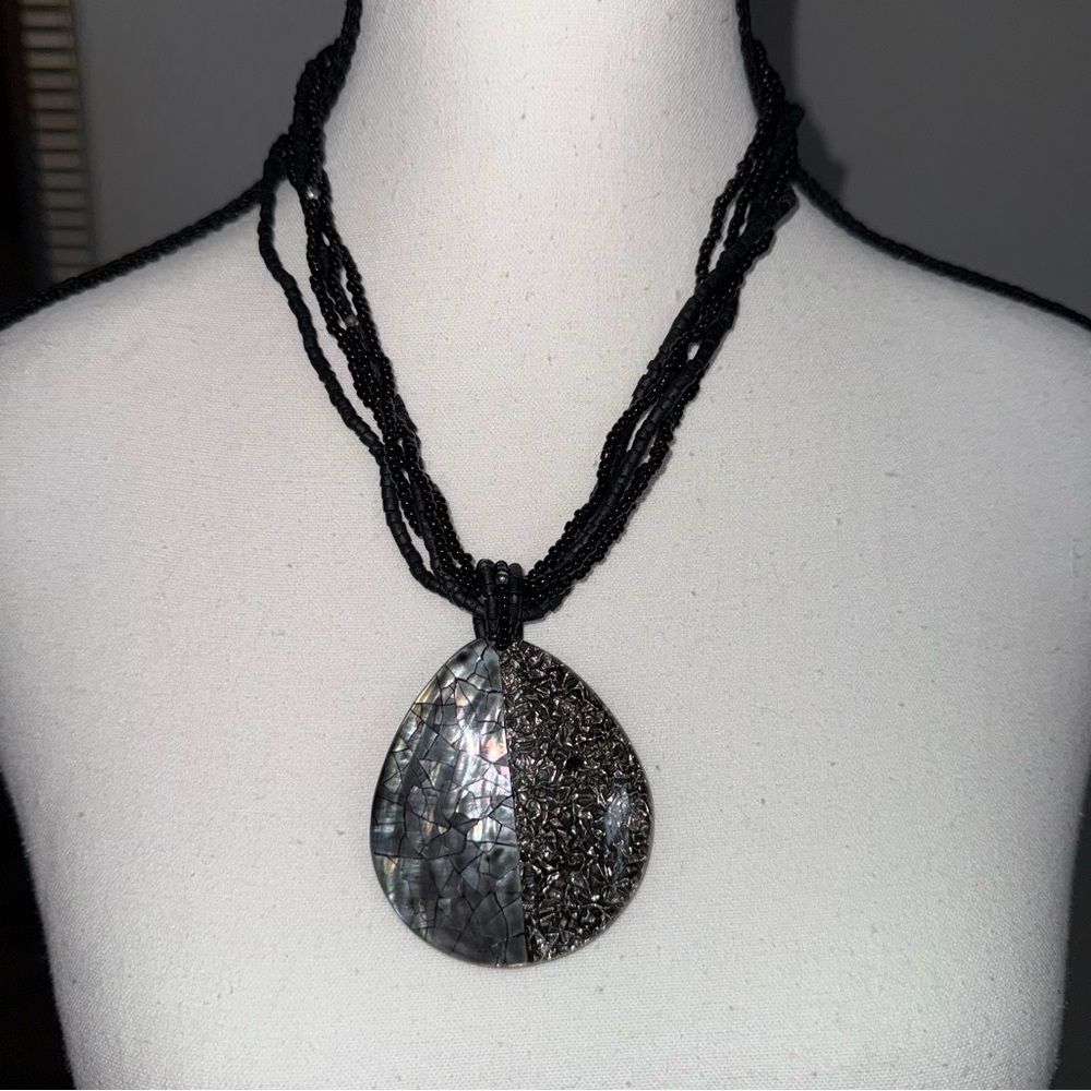 Black and Silver Beaded Statement Pendant Necklace